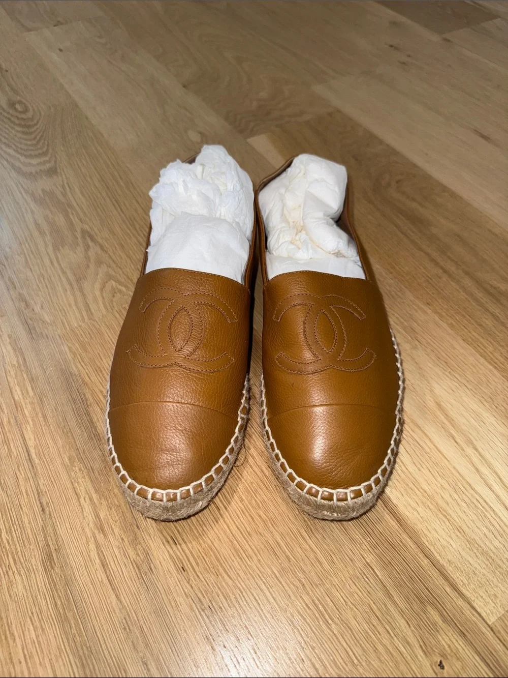 CHANEL Tan Leather Espadrille Flats